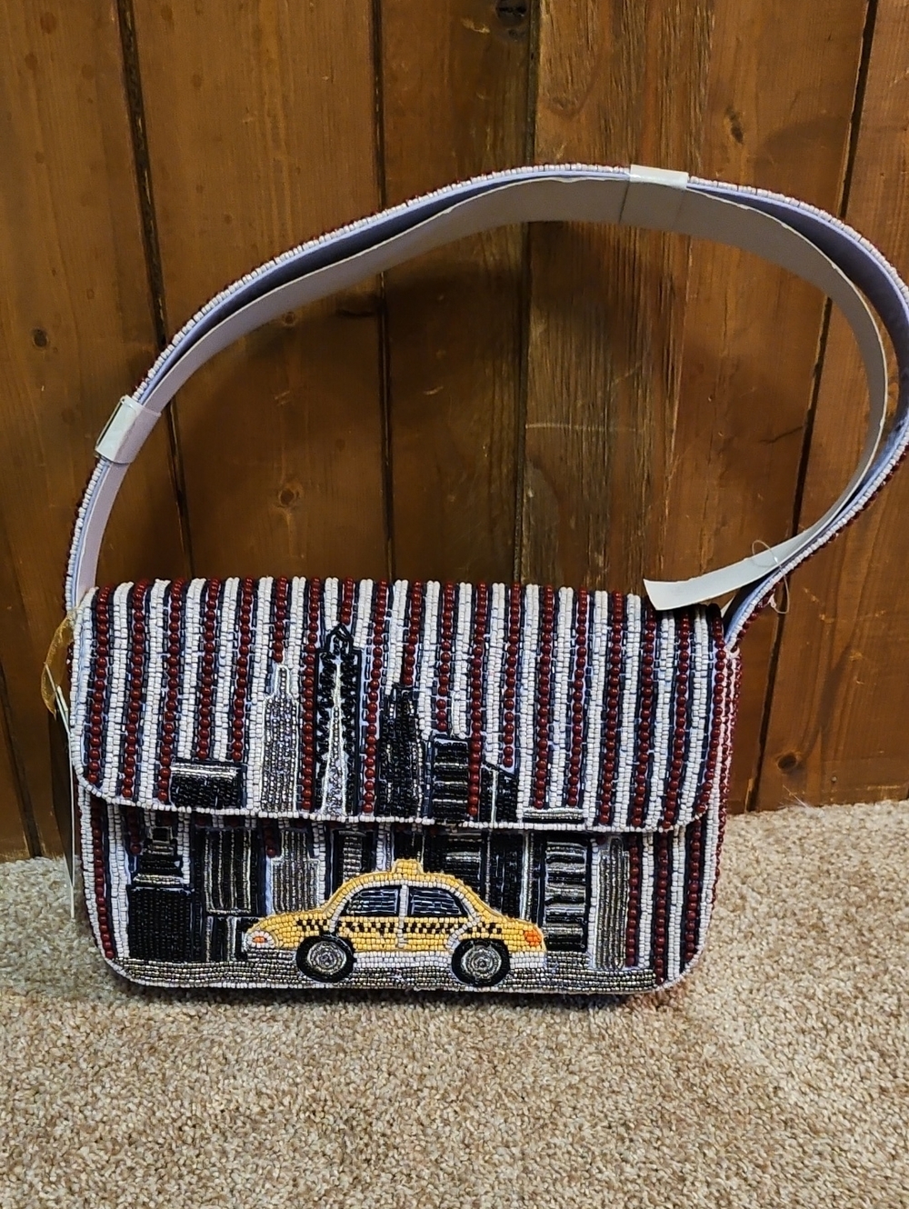 Beaded New York Cityscape Shoulder Bag in Red, White & Black